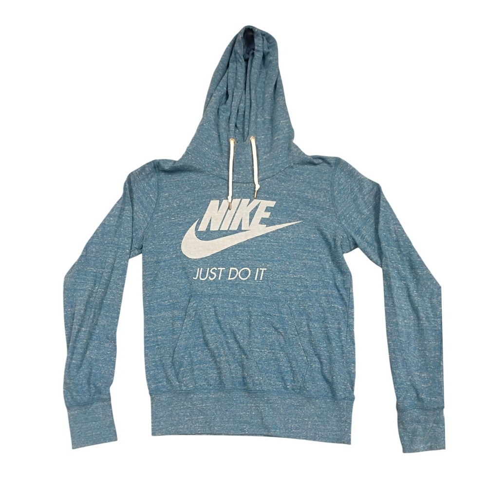 Nike Gym Vintage Hoodie Women Medium Blue Heathered Just Do It Graphic Pullover